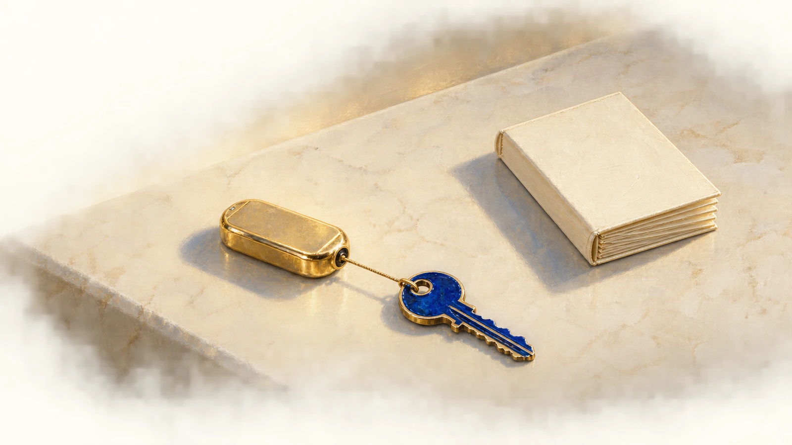 A cobalt key tethered to a pale-gold rectangular reel rests apart from a closed ivory accordion catalog on pale stone.