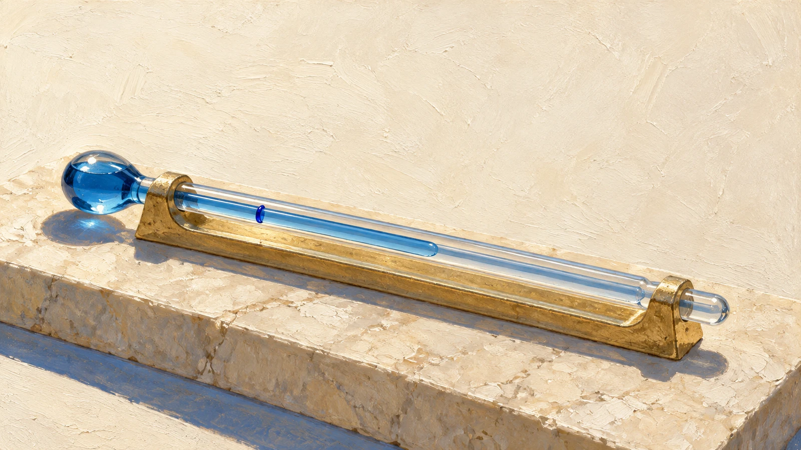 A glass thermometer with blue liquid and a small cobalt index rests in a pale-gold cradle on ivory stone.