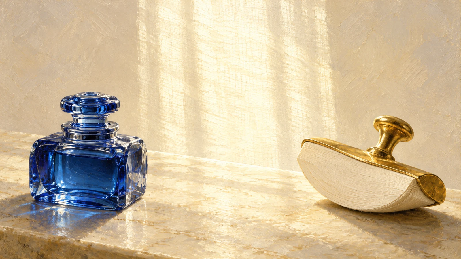 A stoppered cobalt glass inkwell and a separate pale-gold blotting rocker with clean ivory paper rest on an ivory stone writing slope.