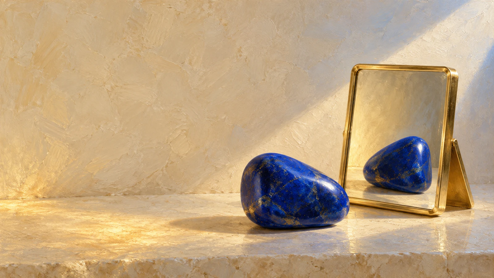 One cobalt-blue pebble rests before a pale-gold tabletop mirror that reflects the same pebble on an ivory stone surface.