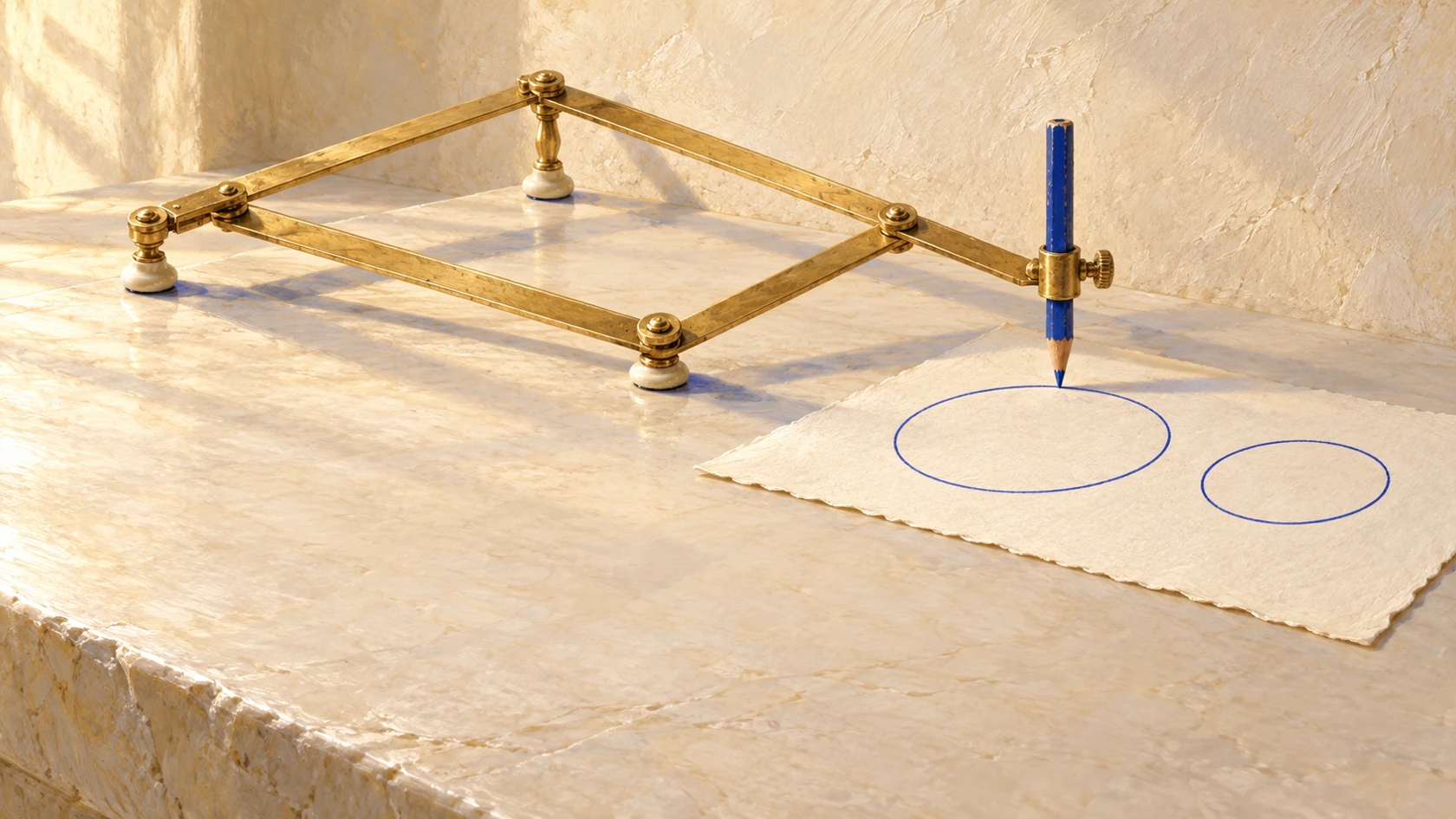 Pale-gold drafting pantograph with a cobalt pencil beside an ivory sheet bearing two blue circles of different sizes on ivory stone