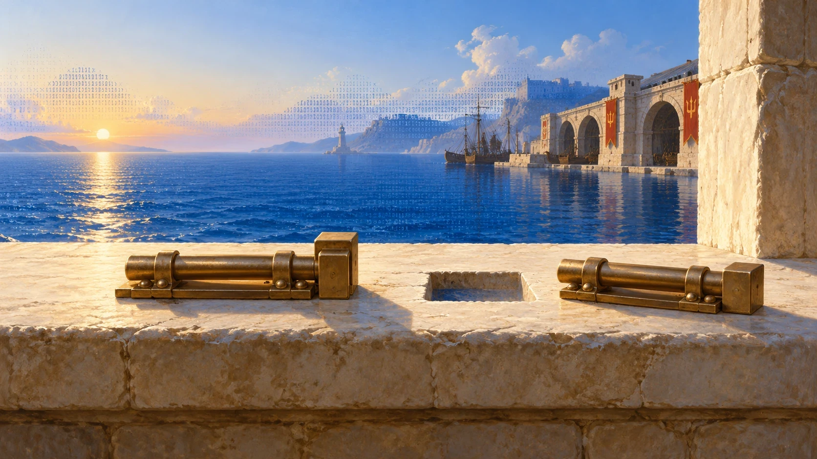 Two bronze door bolts on a pale stone sill above a blue harbour at sunrise, one seated in its housing and one lying beside an empty cut mortise
