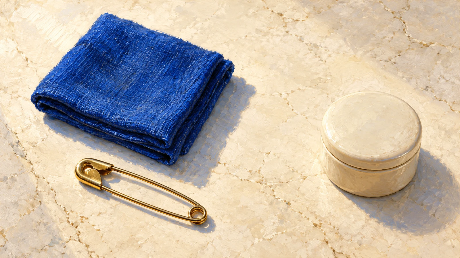 A closed pale-gold safety pin rests beside folded cobalt cloth and a separate closed ivory box on pale stone.